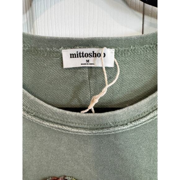 Mottoshop Heart Patchwork Long Sleeve Olive Green Distressed Crew Neck Top - Picture 7 of 8